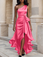 Glamorous Formal Dress Midnight Navy One Shoulder High-Low Satin Gown Midi Dress