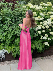 Blue A Line V-neck Beaded Back Tie Long Prom Dress