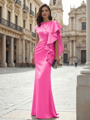 Elegant Formal Evening Dress Moonlight Silver Asymmetrical Ruffle Satin Gown