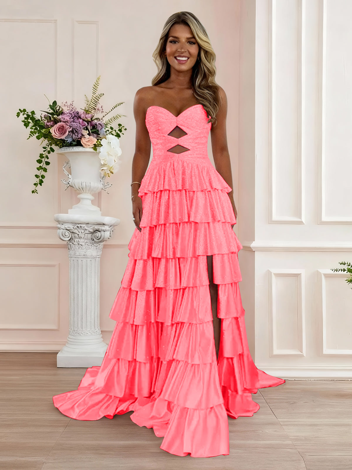 A Line Strapless Sweetheart Satin Prom Dress with Keyhole