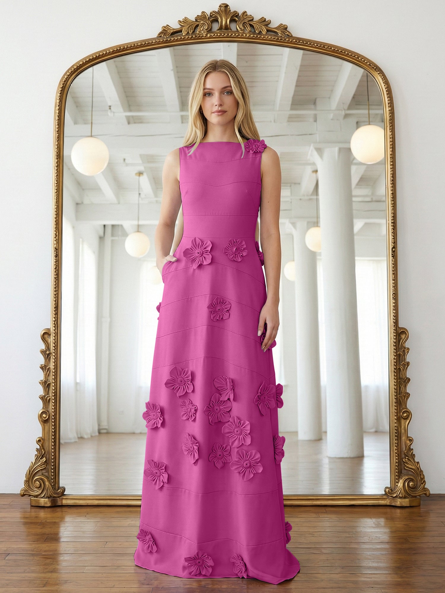 Lavender Boat Neck Formal Gown with Cascading 3D Flowers