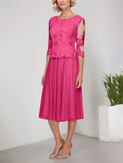 A-line Scoop Tea-Length Lace Chiffon Mother of the Bride Dress With Embroidery