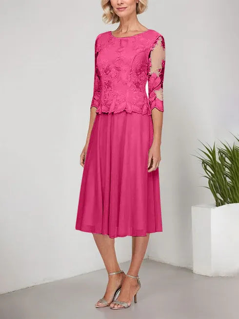 A-line Scoop Tea-Length Lace Chiffon Mother of the Bride Dress With Embroidery
