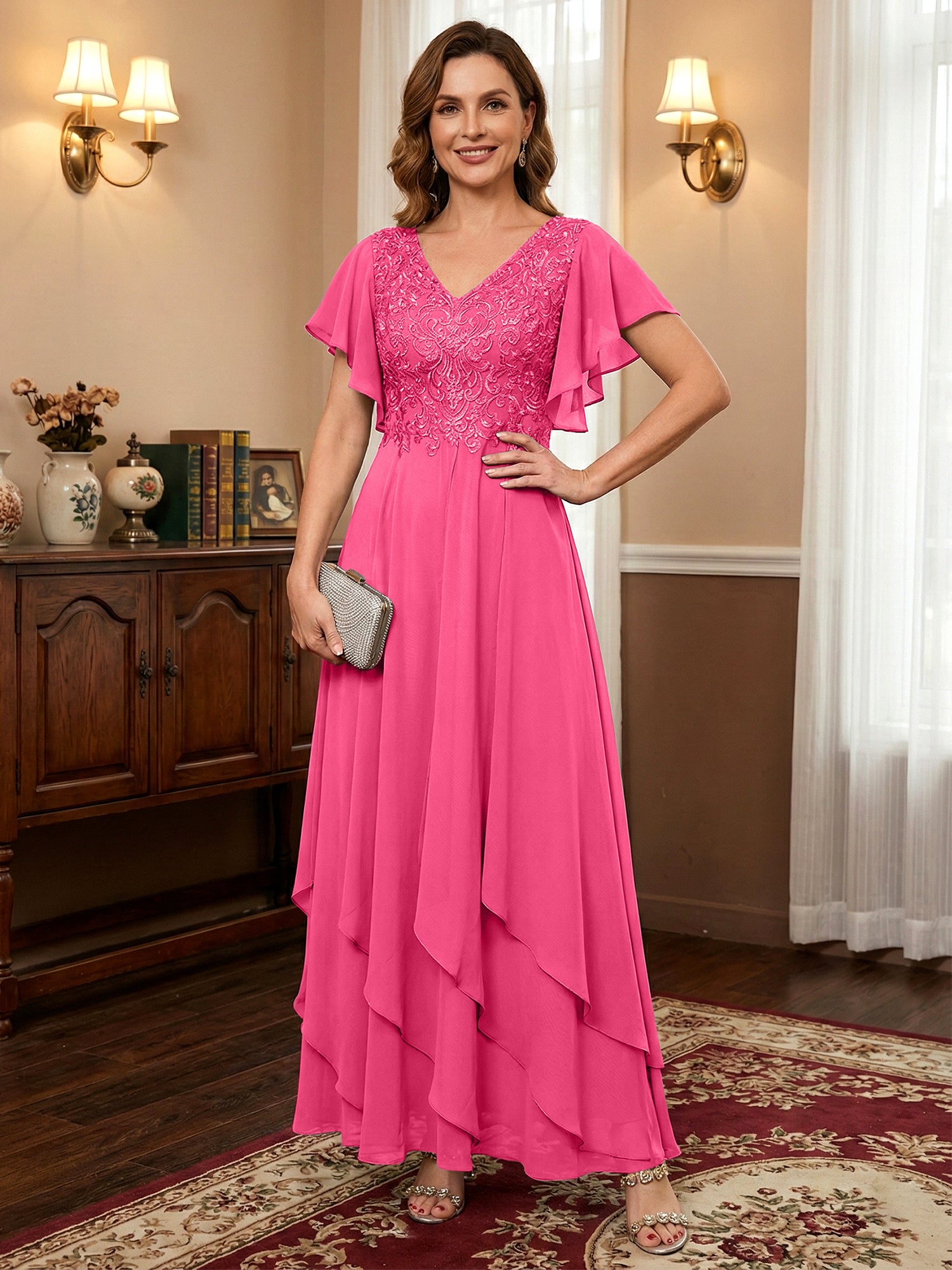 A-line V-Neck Ankle-Length Lace Chiffon Mother of the Bride Dress With Cascading Ruffles