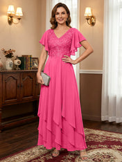 A-line V-Neck Ankle-Length Lace Chiffon Mother of the Bride Dress With Cascading Ruffles
