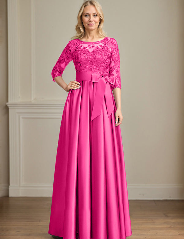 A-line Scoop Illusion Floor-Length Satin Lace Mother of the Bride Dress With Sequins Bow