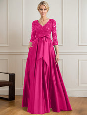 A-line V-Neck Floor-Length Satin Lace Mother of the Bride Dress With Sequins Bow