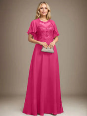 A-line Scoop Illusion Floor-Length Lace Chiffon Mother of the Bride Dress With Sequins