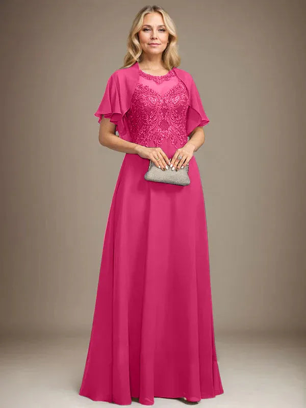 A-line Scoop Illusion Floor-Length Lace Chiffon Mother of the Bride Dress With Sequins