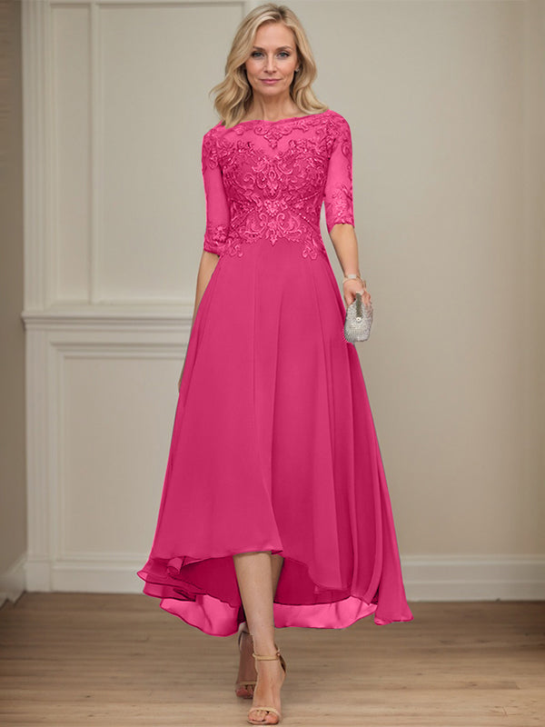A-line Boat Neck Illusion Asymmetrical Chiffon Lace Mother of the Bride Dress With Sequins Beading