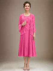 A-line Scoop Tea-Length Lace Chiffon Mother of the Bride Dress With Sequins