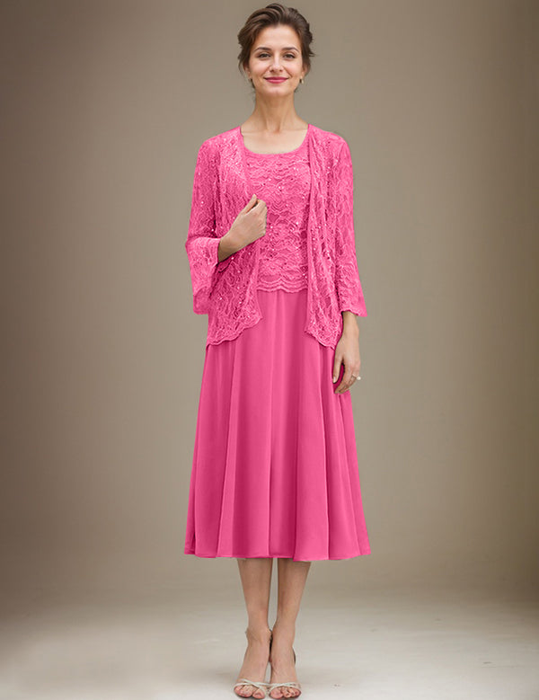 A-line Scoop Tea-Length Lace Chiffon Mother of the Bride Dress With Sequins