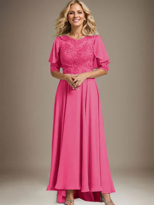 A-line Scoop Illusion Asymmetrical Chiffon Lace Mother of the Bride Dress With Beading