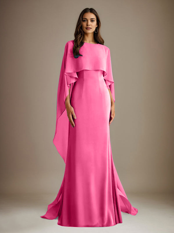 Robe de mère de la mariée en mousseline, coupe fourreau/colonne, col bateau, longueur ras du sol, avec volants en cascade 