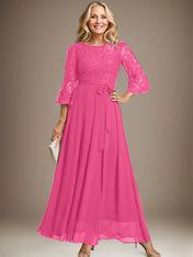 A-line Scoop Ankle-Length Lace Chiffon Mother of the Bride Dress With Bow