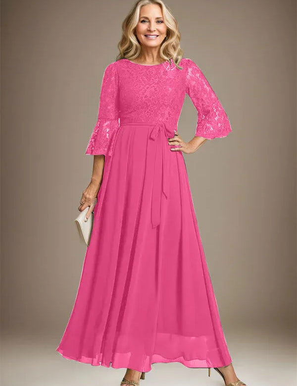 A-line Scoop Ankle-Length Lace Chiffon Mother of the Bride Dress With Bow