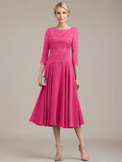 A-line Scoop Tea-Length Lace Chiffon Mother of the Bride Dress