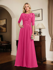 A-line Scoop Illusion Floor-Length Chiffon Lace Mother of the Bride Dress With Pleated Sequins