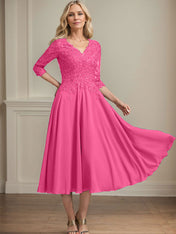 A-line V-Neck Tea-Length Chiffon Lace Mother of the Bride Dress With Beading Sequins