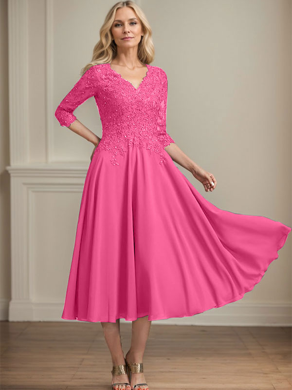 A-line V-Neck Tea-Length Chiffon Lace Mother of the Bride Dress With Beading Sequins