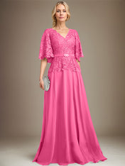 A-line V-Neck Floor-Length Chiffon Lace Mother of the Bride Dress With Crystal Brooch Rhinestone