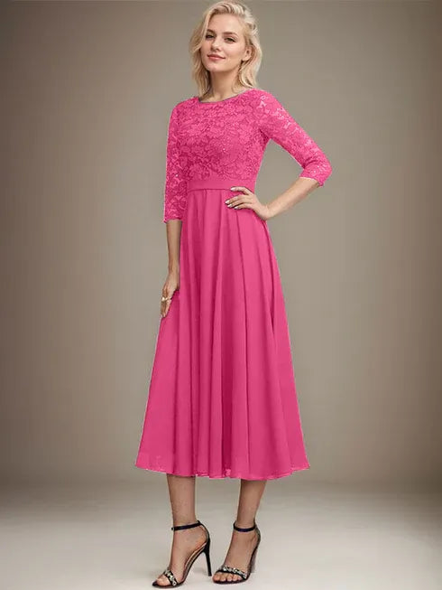 A-line Scoop Tea-Length Lace Chiffon Mother of the Bride Dress With Sequins