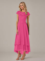 A-line Boat Neck Illusion Asymmetrical Chiffon Lace Mother of the Bride Dress With Applique Pleats