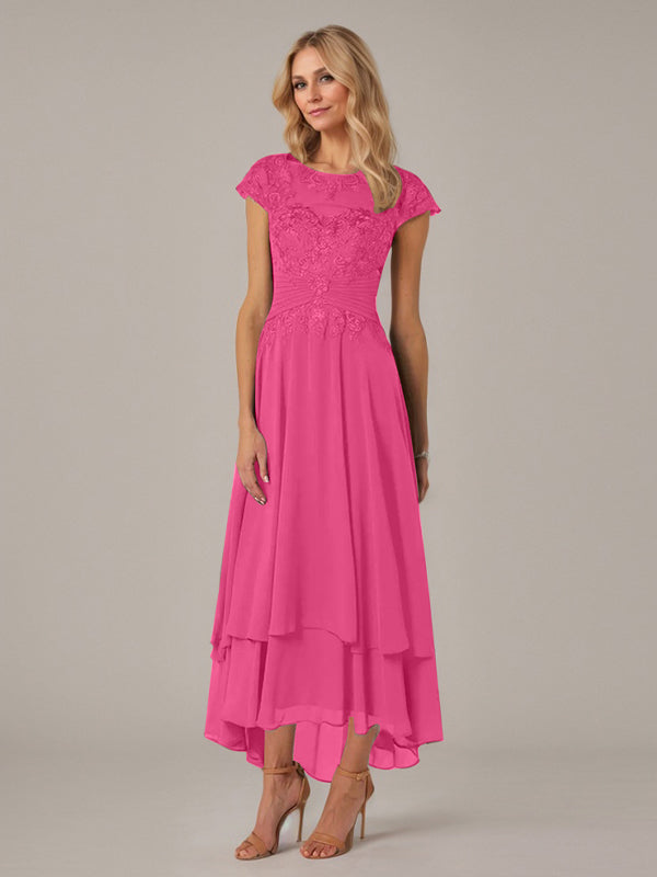 A-line Boat Neck Illusion Asymmetrical Chiffon Lace Mother of the Bride Dress With Applique Pleats