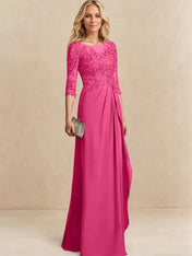 A-line Scoop Illusion Floor-Length Chiffon Lace Mother of the Bride Dress With Beading Sequins Cascading Ruffles