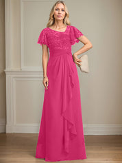 A-line Asymmetrical Illusion Floor-Length Lace Chiffon Mother of the Bride Dress With Cascading Ruffles Sequins