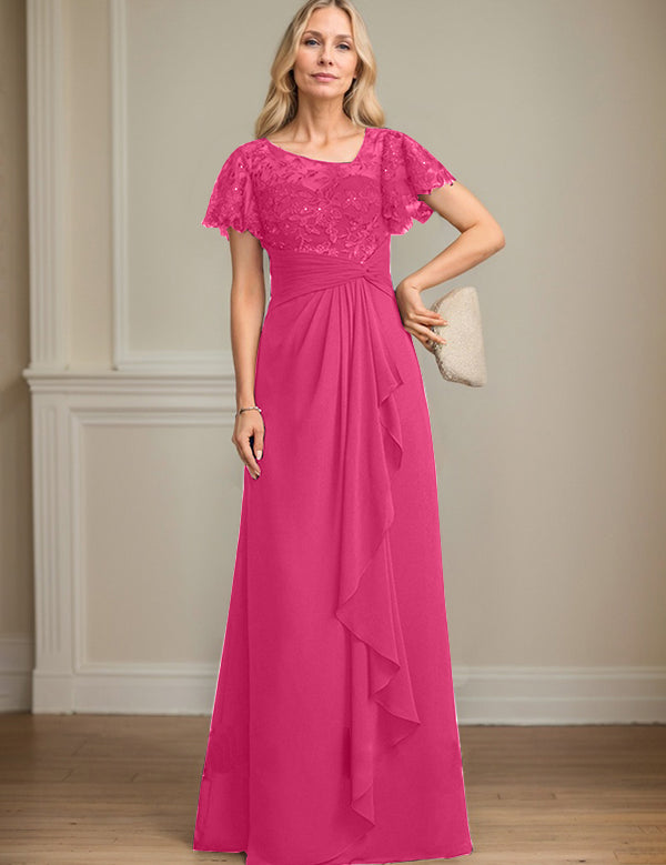 A-line Asymmetrical Illusion Floor-Length Lace Chiffon Mother of the Bride Dress With Cascading Ruffles Sequins