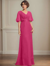 A-line V-Neck Floor-Length Chiffon Mother of the Bride Dress With Pleated Sequins Appliques Lace
