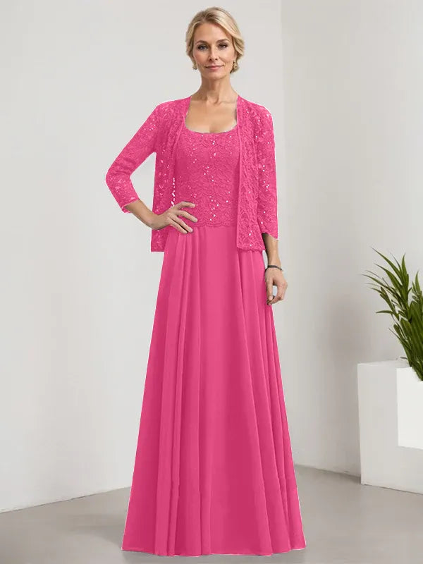 Robe de mère de la mariée trapèze carrée, longueur au sol, en mousseline de soie et dentelle, avec paillettes 