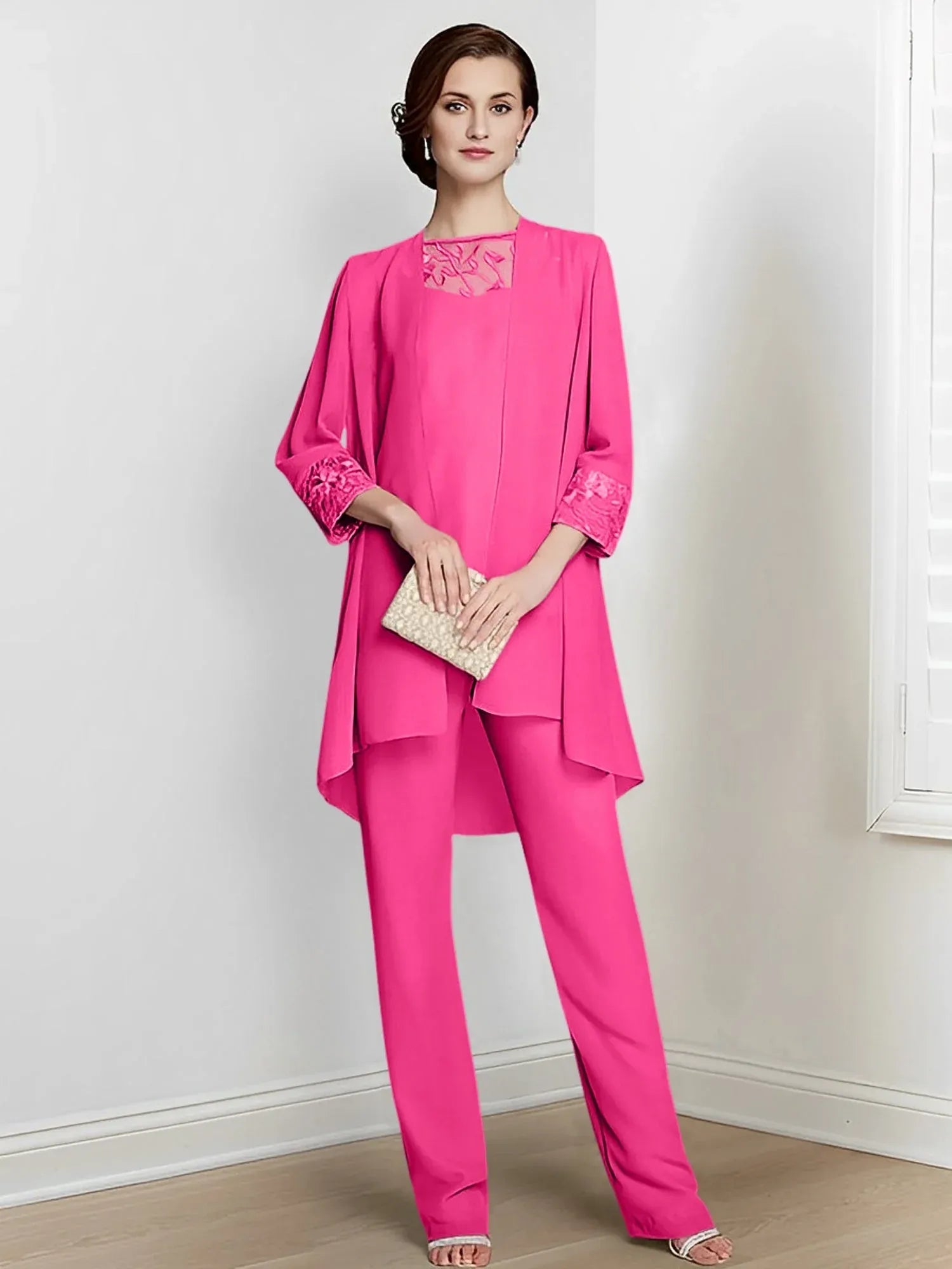 Tailleur-pantalon en mousseline à manches longues pour mère de la mariée avec veste 