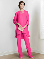 Tailleur-pantalon en mousseline à manches longues pour mère de la mariée avec veste 