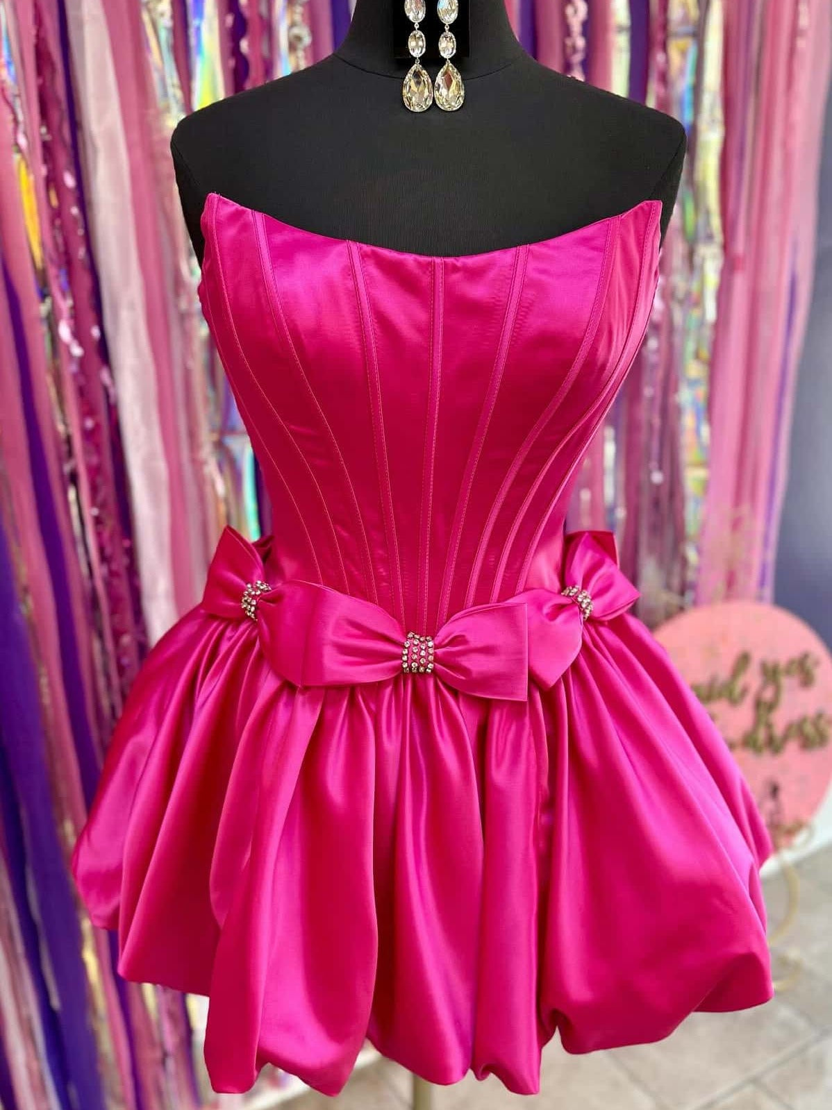 Hot Pink A-Line Strapless Puff Homecoming Dress with Cinched Waist