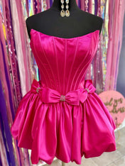 Hot Pink A-Line Strapless Puff Homecoming Dress with Cinched Waist