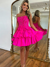 Hot Pink A-Line Strapless Short Satin Homecoming Dress With Beading