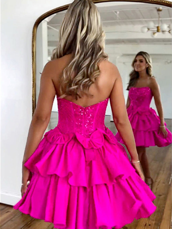 Hot Pink A-Line Strapless Short Satin Homecoming Dress With Beading