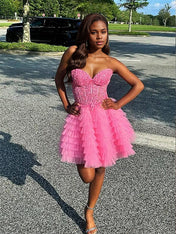 Hot Pink A-Line Sweetheart Lace Up Short Tiered Tulle Homecoming Dress