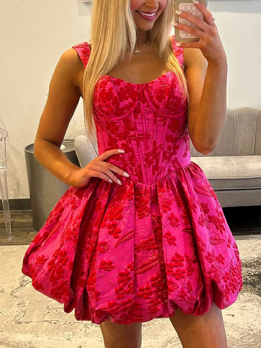 Hot Pink A-Line Sweetheart Straps Boned Satin Floral Homecoming Dress