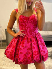 Hot Pink A-Line Sweetheart Straps Boned Satin Floral Homecoming Dress
