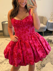 Hot Pink A-Line Sweetheart Straps Boned Satin Floral Homecoming Dress