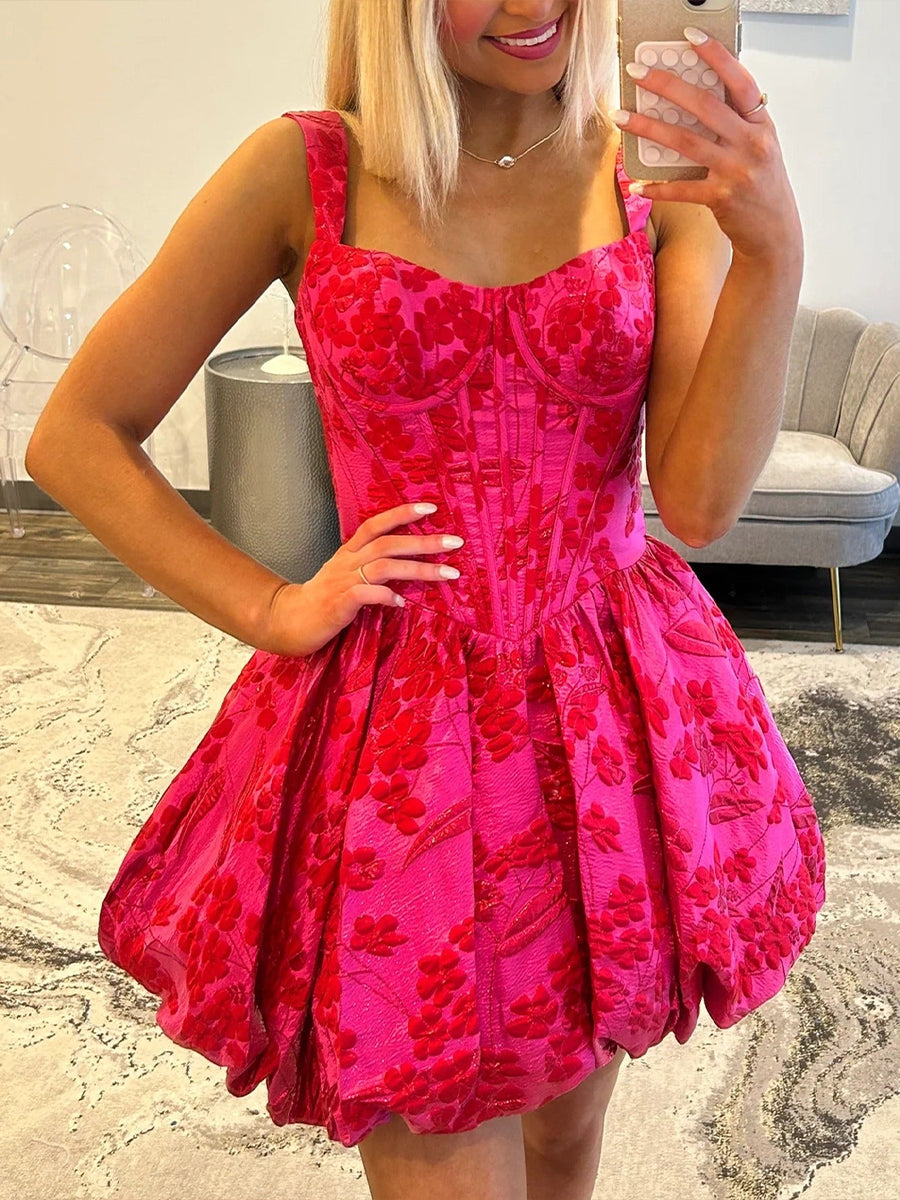 Hot Pink A-Line Sweetheart Straps Boned Satin Floral Homecoming Dress