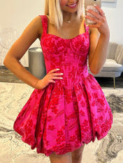 Hot Pink A-Line Sweetheart Straps Boned Satin Floral Homecoming Dress