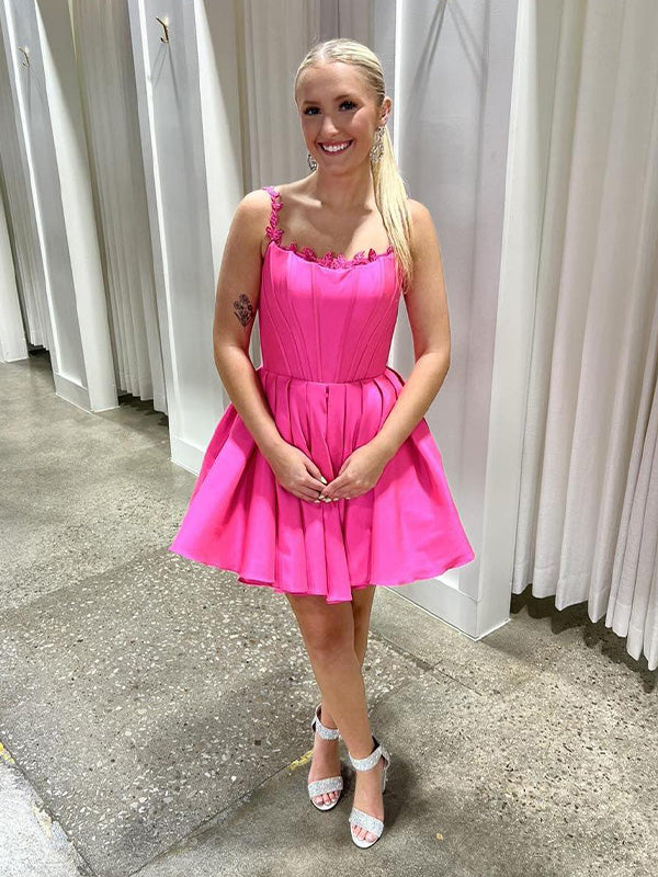 Hot Pink A-line Lace Straps Satin Short Homecoming Dress