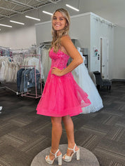Hot Pink A-line Spaghetti Straps Bodycon Short Homecoming Dress