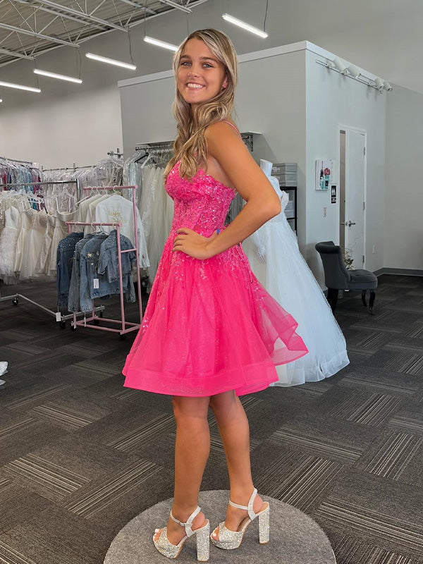 Hot Pink A-line Spaghetti Straps Bodycon Short Homecoming Dress