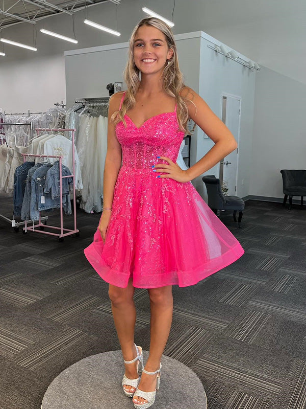 Hot Pink A-line Spaghetti Straps Bodycon Short Homecoming Dress