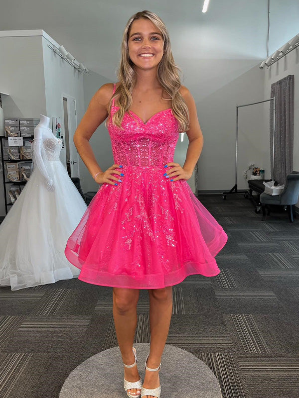 Hot Pink A-line Spaghetti Straps Bodycon Short Homecoming Dress